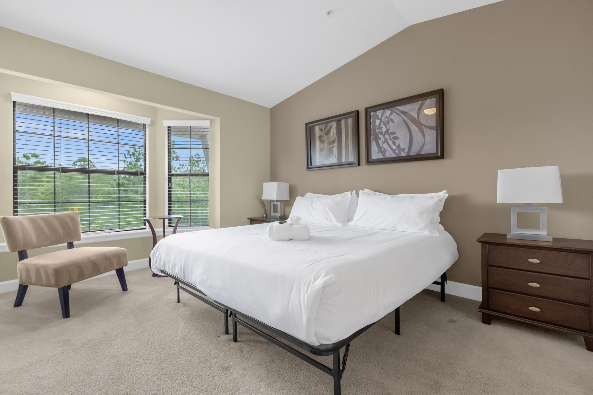 Primary bedroom with king bed and vaulted ceiling